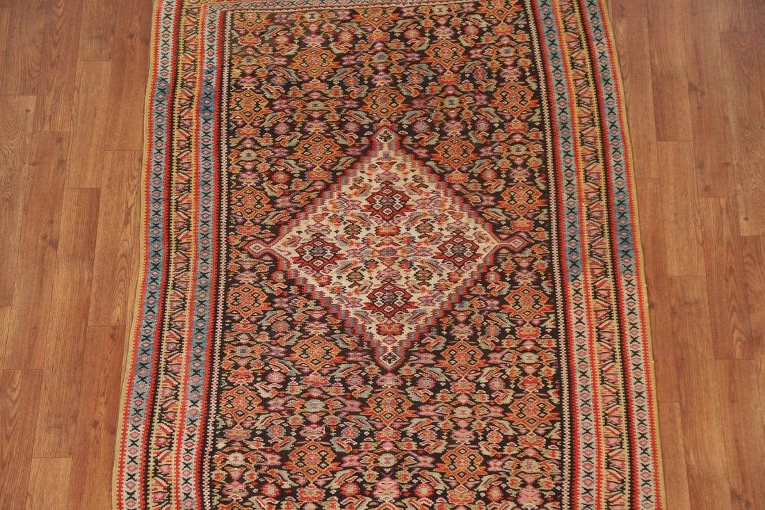 Pre-1900 Vegetable Dye Senneh Kilim Persian Rug 4x5 - 2