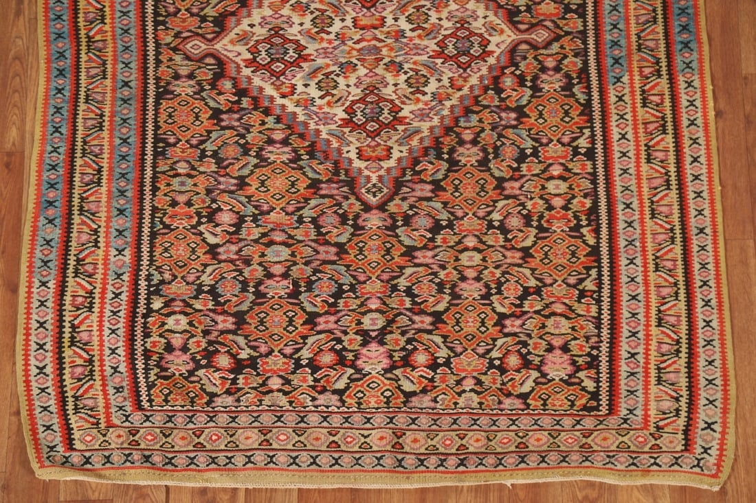 Pre-1900 Vegetable Dye Senneh Kilim Persian Rug 4x5 - 3