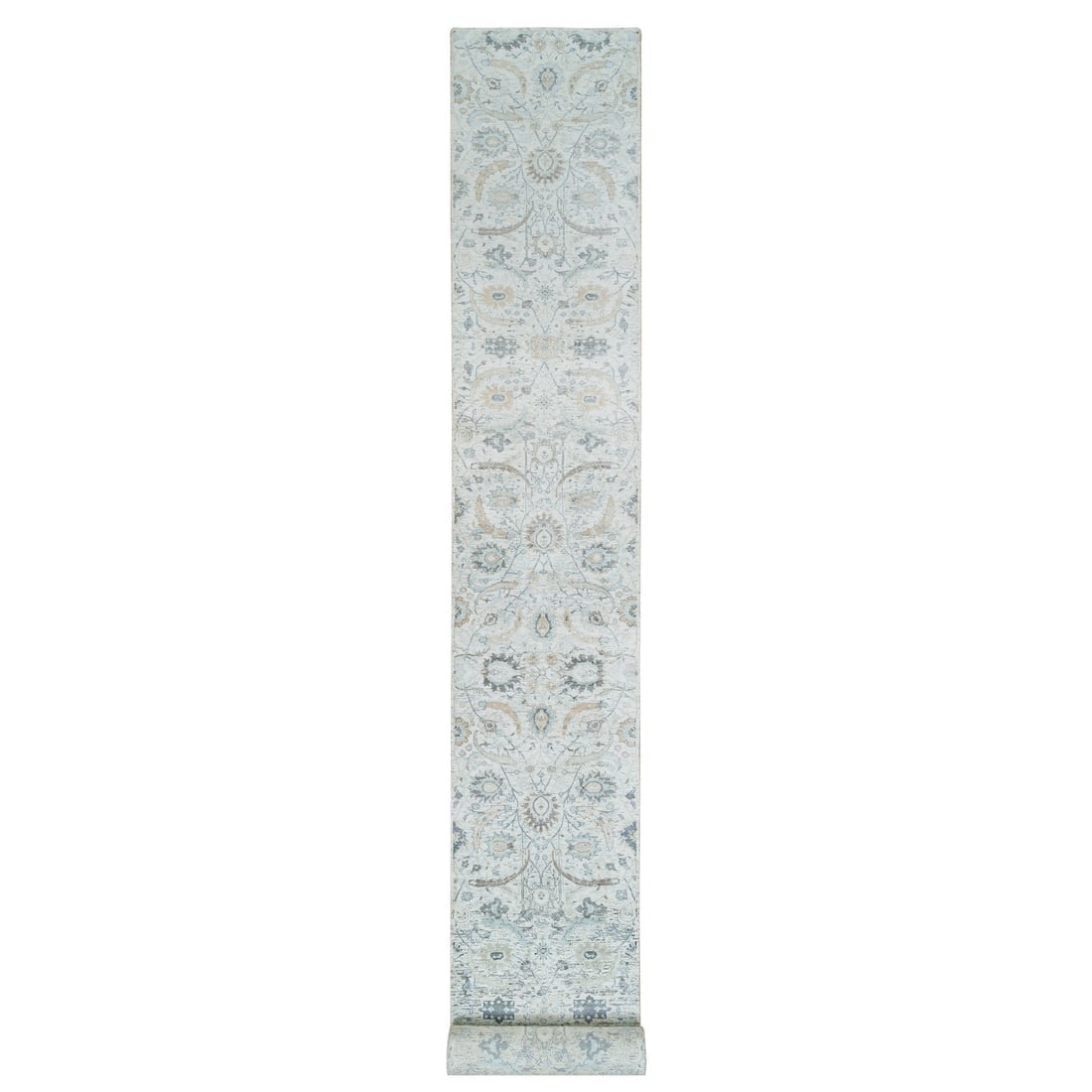 Ivory, Hand Knotted Sickle Leaf Design, Silk With Wool XL Runner Rug: Title: Ivory, Hand Knotted Sickle Leaf Design, Silk With Wool XL Runner Rug Description:This is a truly genuine one-of-a-kind. It has been Knotted for months and months in the centuries-old weaving cr
