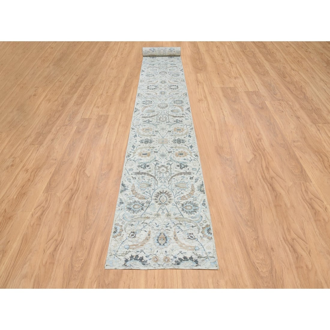 Ivory, Hand Knotted Sickle Leaf Design, Silk With Wool XL Runner Rug - 2