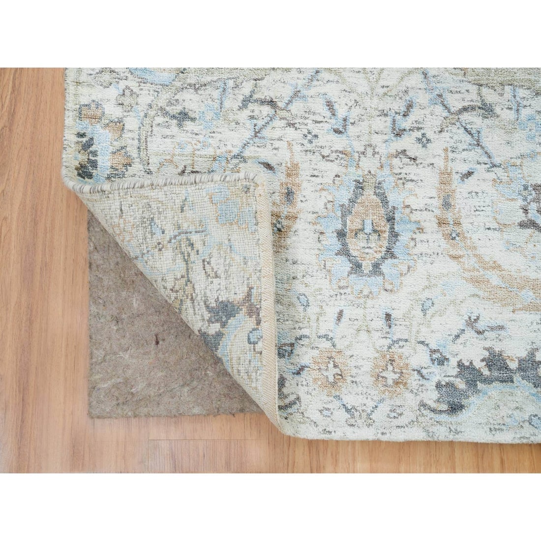 Ivory, Hand Knotted Sickle Leaf Design, Silk With Wool XL Runner Rug - 3