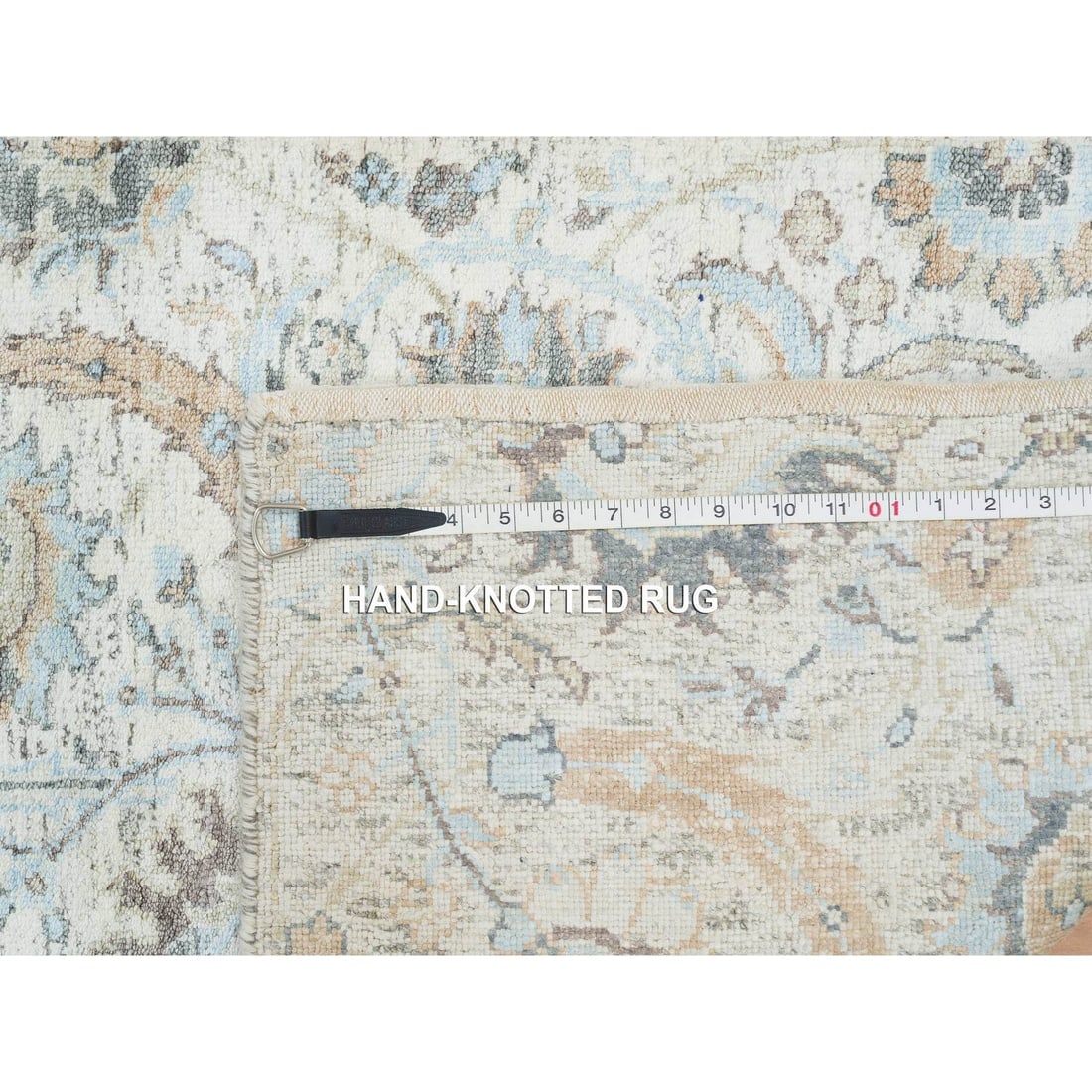 Ivory, Hand Knotted Sickle Leaf Design, Silk With Wool XL Runner Rug - 8