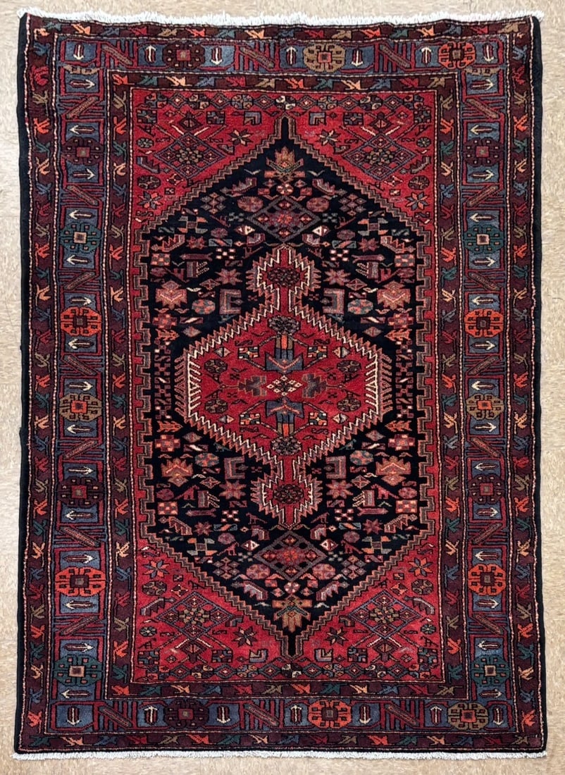 Hand Knotted Wool 4'10" x 8'7" Zanjan Navy Red Tribal Oriental Rug: Title:Hand Knotted Wool Persian Zanjan Tribal Oriental Rug 4'11" x 8'8" Navy Red Description:• Rug Number: D18 • Country of Origin: Iran • Style, Design: Persian Zanjan, Tribal, Geometr