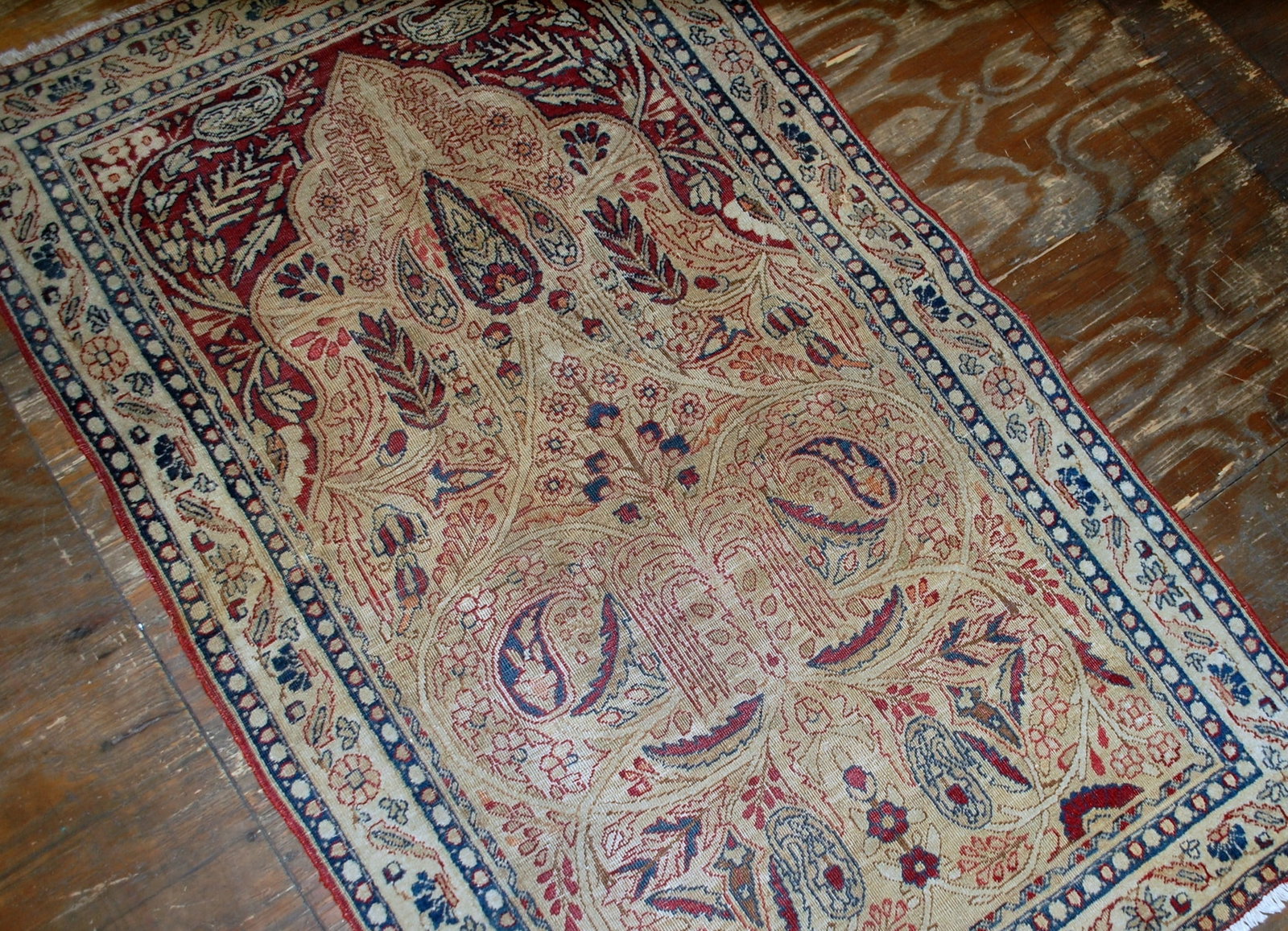 Handmade antique prayer Persian Kerman Lavar rug 2.10' x 4.8' ( 90cm x 146cm) 1880s - 3