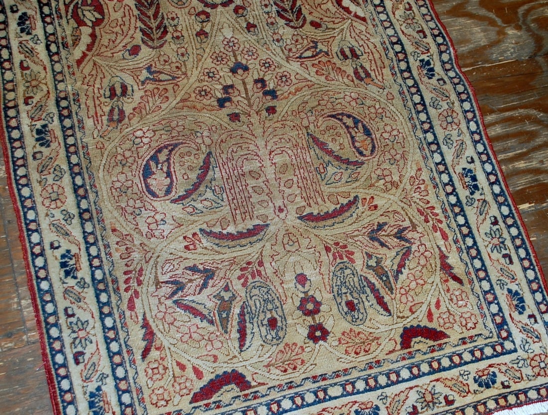 Handmade antique prayer Persian Kerman Lavar rug 2.10' x 4.8' ( 90cm x 146cm) 1880s - 4