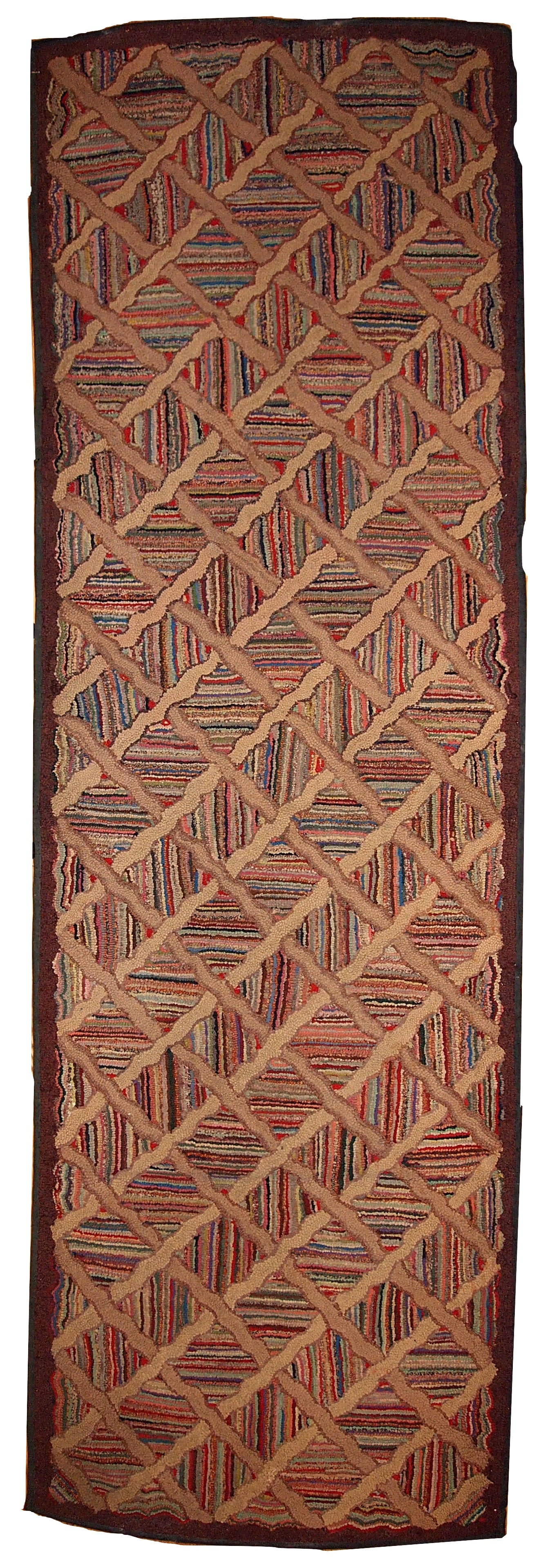 Handmade antique American hooked runner 2.9' x 8.3' ( 88cm x 252cm ) 1880s: Title: Handmade antique American hooked runner 2.9' x 8.3' ( 88cm x 252cm ) 1880s Origin:USA Dimensions: 2.9' x 8.3' ( 88cm x 252cm ) Materials:wool Year:1880s Description:Antique hand hooked American