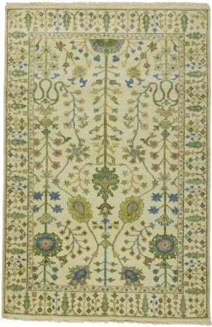 Ivory Floral 4X6 Traditional Osh Chobi Oriental Rug: Title:Ivory Floral 4X6 Traditional Osh Chobi Oriental Rug Description:Handmade 4X6 ivory oriental rug made with vegetable dyes (fine wool pile and cotton foundation), superior knot count, and appealin
