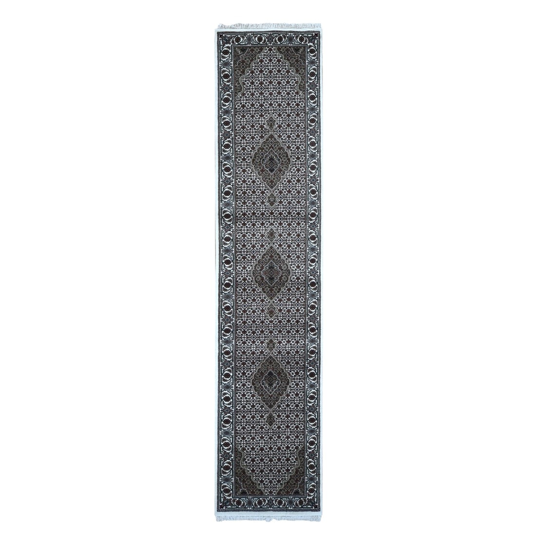 Ivory, Wool and Silk, Tabriz Mahi Design, Hand Knotted, Runner Rug: Title: Ivory, Wool and Silk, Tabriz Mahi Design, Hand Knotted, Runner Rug Description:This is a truly genuine one-of-a-kind. It has been Knotted for months and months in the centuries-old weaving craf
