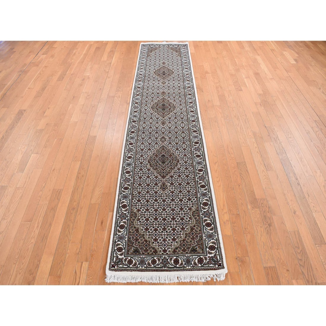 Ivory, Wool and Silk, Tabriz Mahi Design, Hand Knotted, Runner Rug - 2