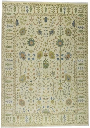 Ivory Floral Traditional 10X14 Oushak Chobi Oriental Rug: Title:Ivory Floral Traditional 10X14 Oushak Chobi Oriental Rug Description:Hand Knotted 10X14 Ivory oriental rug made with natural dyes (fine wool pile and cotton foundation), superior knot count,