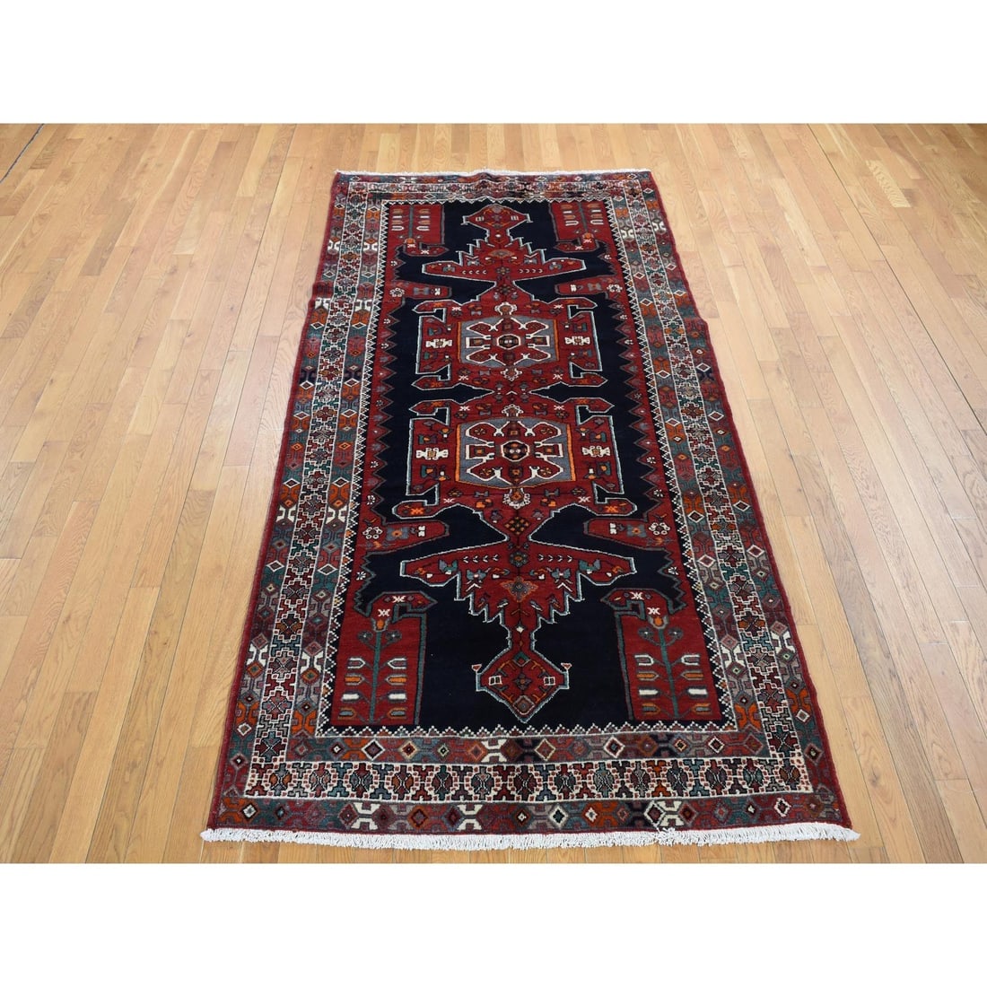 Blue, New Persian Hamadan, Pure Wool, Hand Knotted, Runner Rug - 2