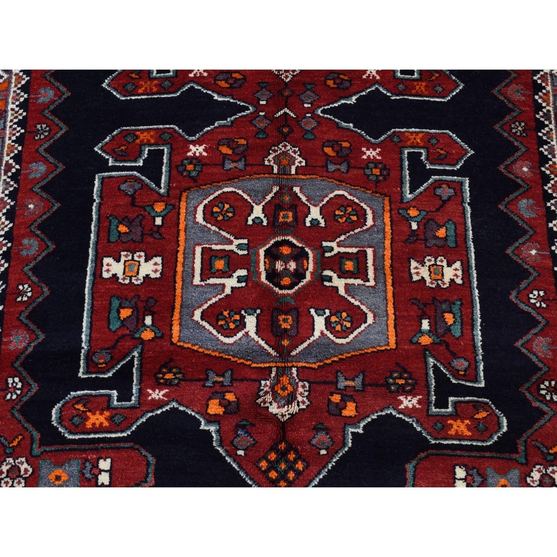 Blue, New Persian Hamadan, Pure Wool, Hand Knotted, Runner Rug - 6