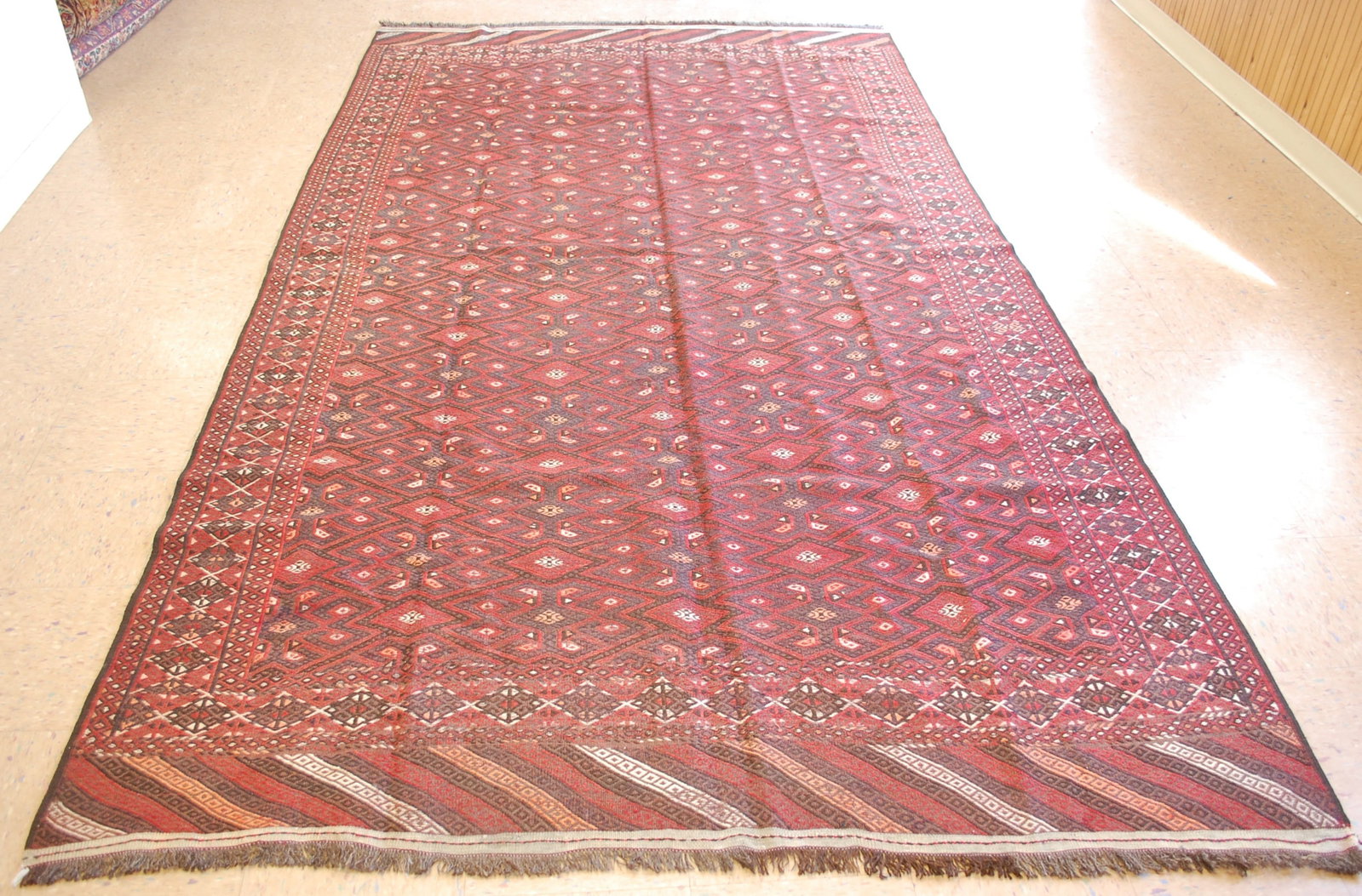 TURKMAN YAMOUTH SOUMAK KILIM 6'1" x 10'10": Title: TURKMAN YAMOUTH SOUMAK KILIM 6'1" x 10'10" Descritpion:OLD,ANTIQUE VERY FINE WOVEN TURKMAN YAMOUTH SOUMAK KILIM HIGHLY DETAILED DESIGN ..with exact and very rare size of 6'1" x 10'10" colors