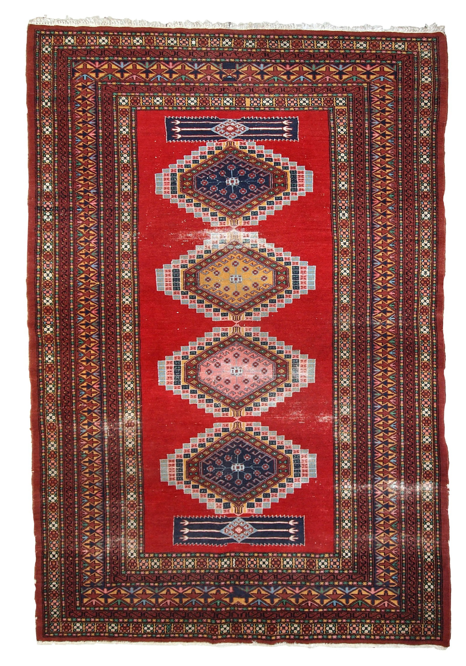 Handmade vintage distressed Uzbek Bukhara rug 4.2' x 6.5' (128cm x 199cm) 1960s: Title: Handmade vintage distressed Uzbek Bukhara rug 4.2' x 6.5' (128cm x 199cm) 1960s Origin:Uzbekistan Dimensions: 4.2' x 6.5' (128cm x 199cm) Materials:wool Year:1960s Description:Handmade vintage