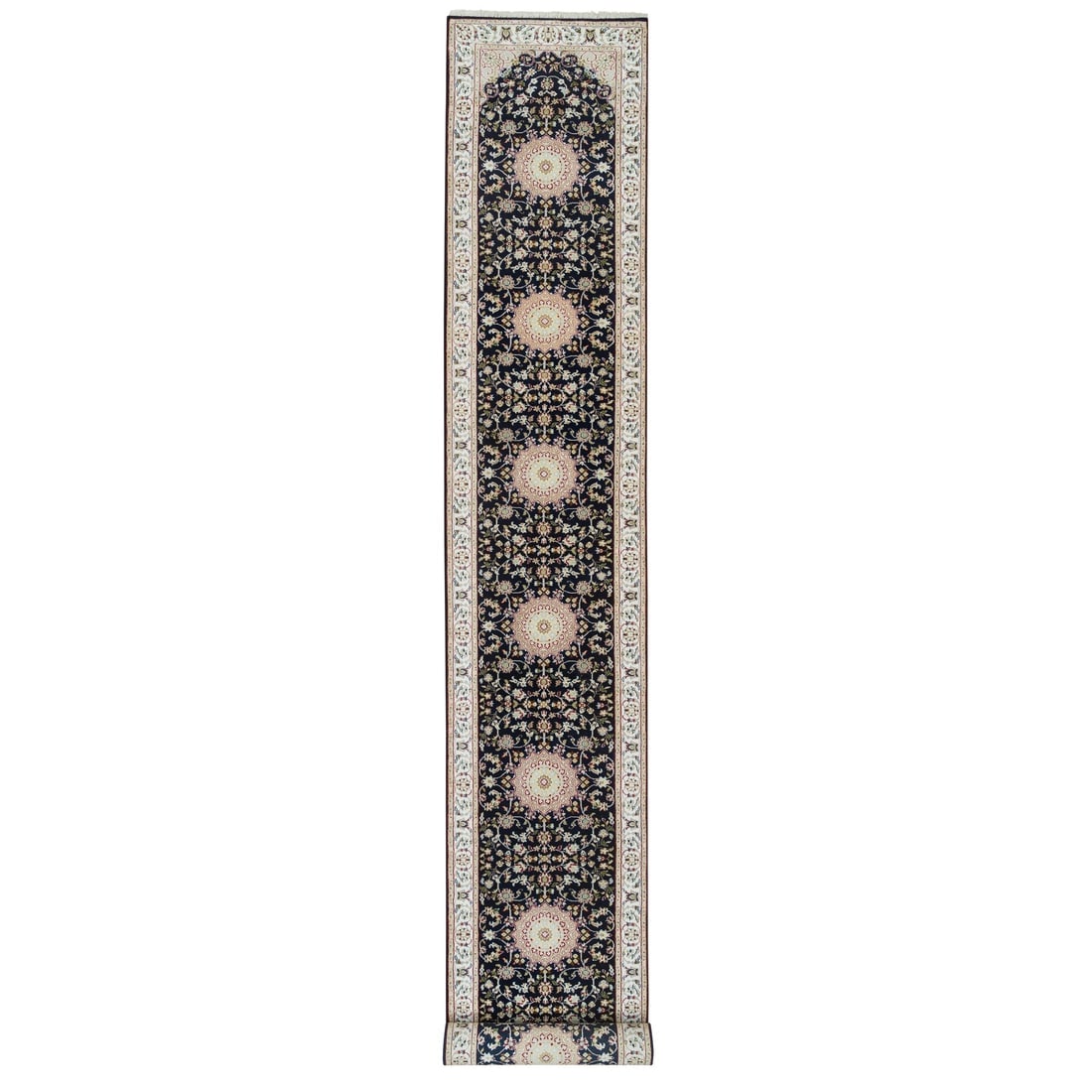 Blue Nain Medallion Design 250 KPSI Hand Knotted Wool XL Runner Rug: Title: Blue Nain Medallion Design 250 KPSI Hand Knotted Wool XL Runner Rug Description:This is a truly genuine one-of-a-kind. It has been Knotted for months and months in the centuries-old weaving
