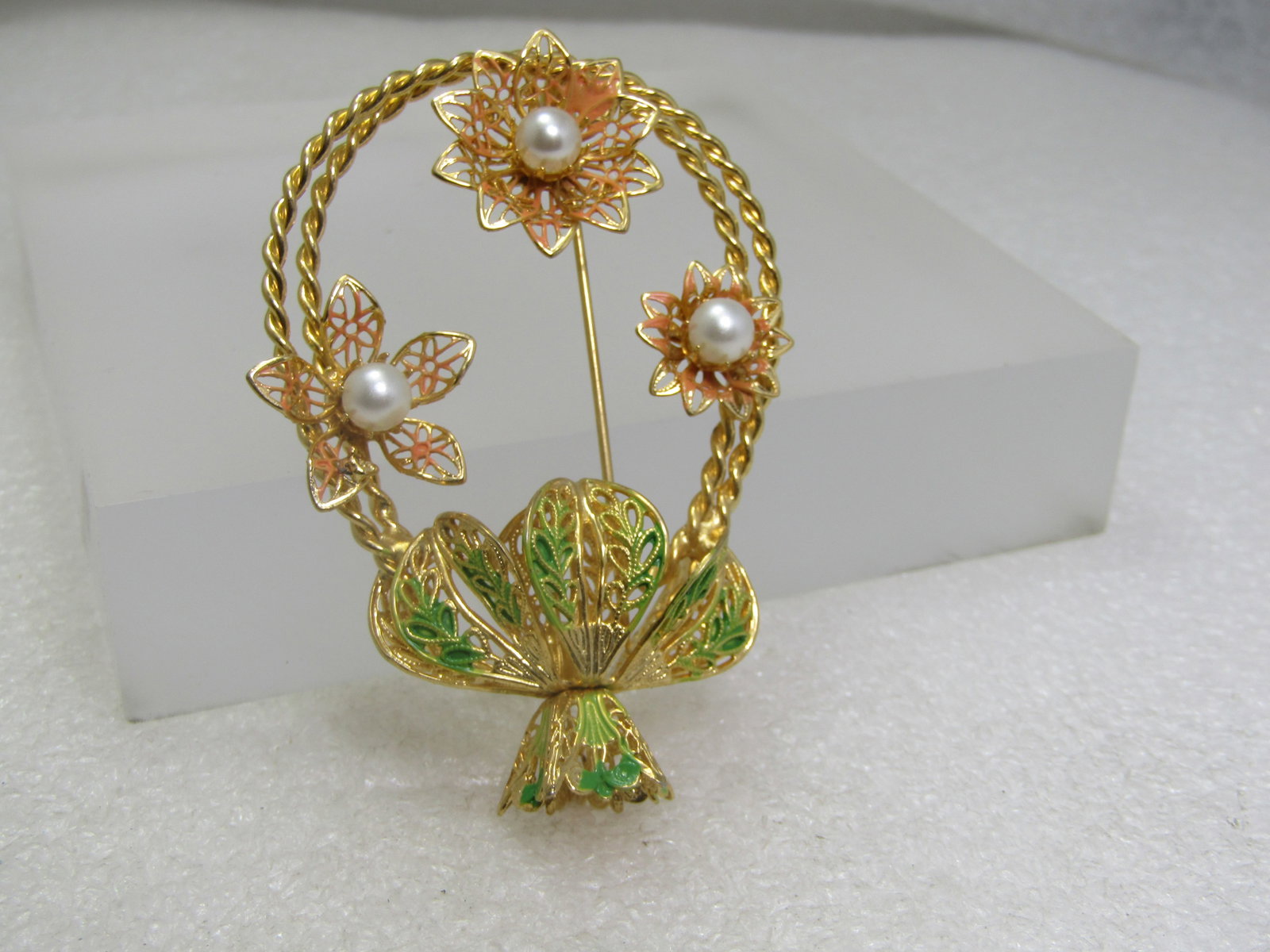 Vintage Filigree Enameled Floral Basket Brooch, Faux Pearls, 1960's - 2