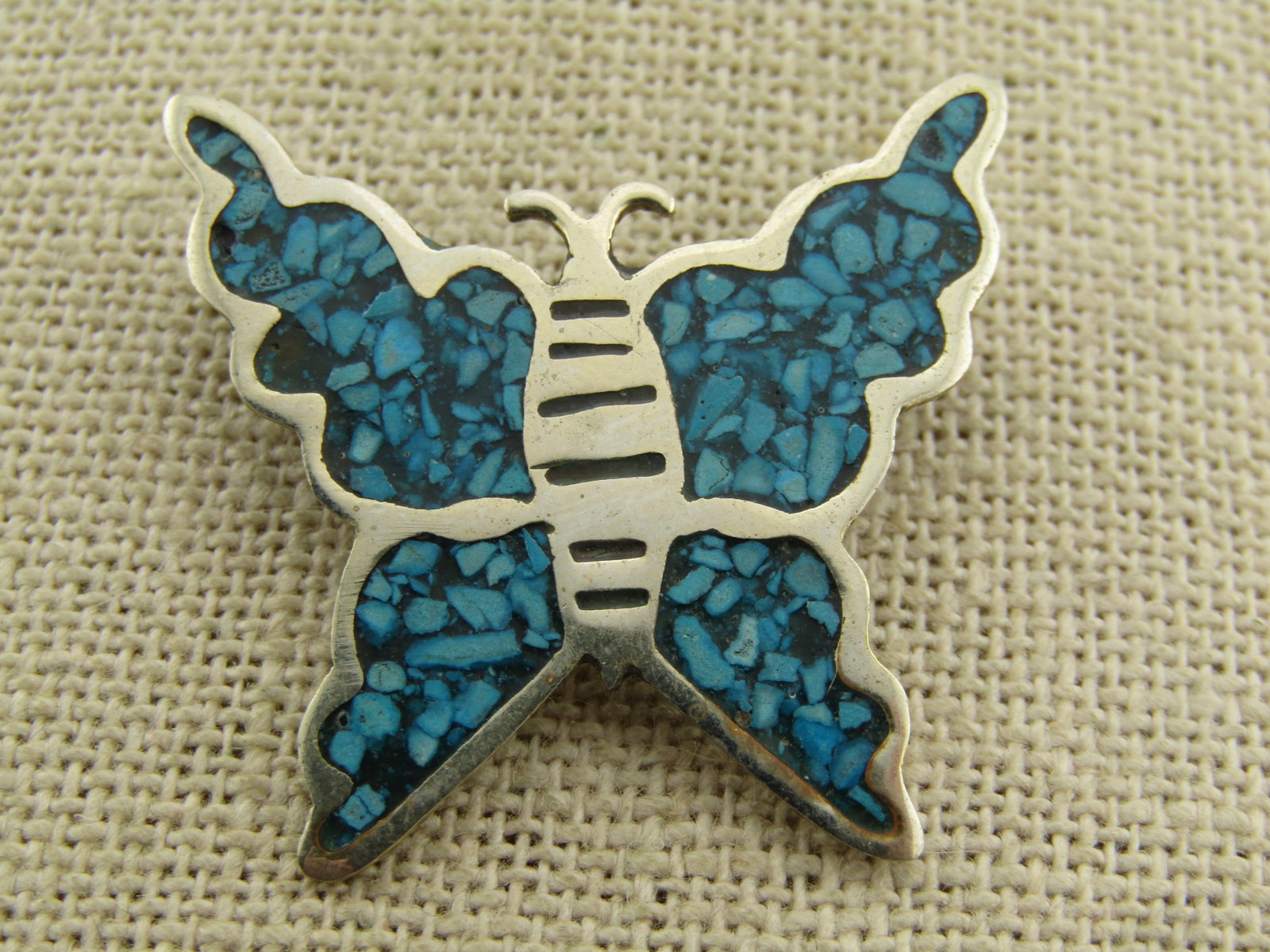 Vintage Butterfly Brooch, Mexico, Alpaca, Inlaid Turquoise Chips, 1970's-1980's - 3