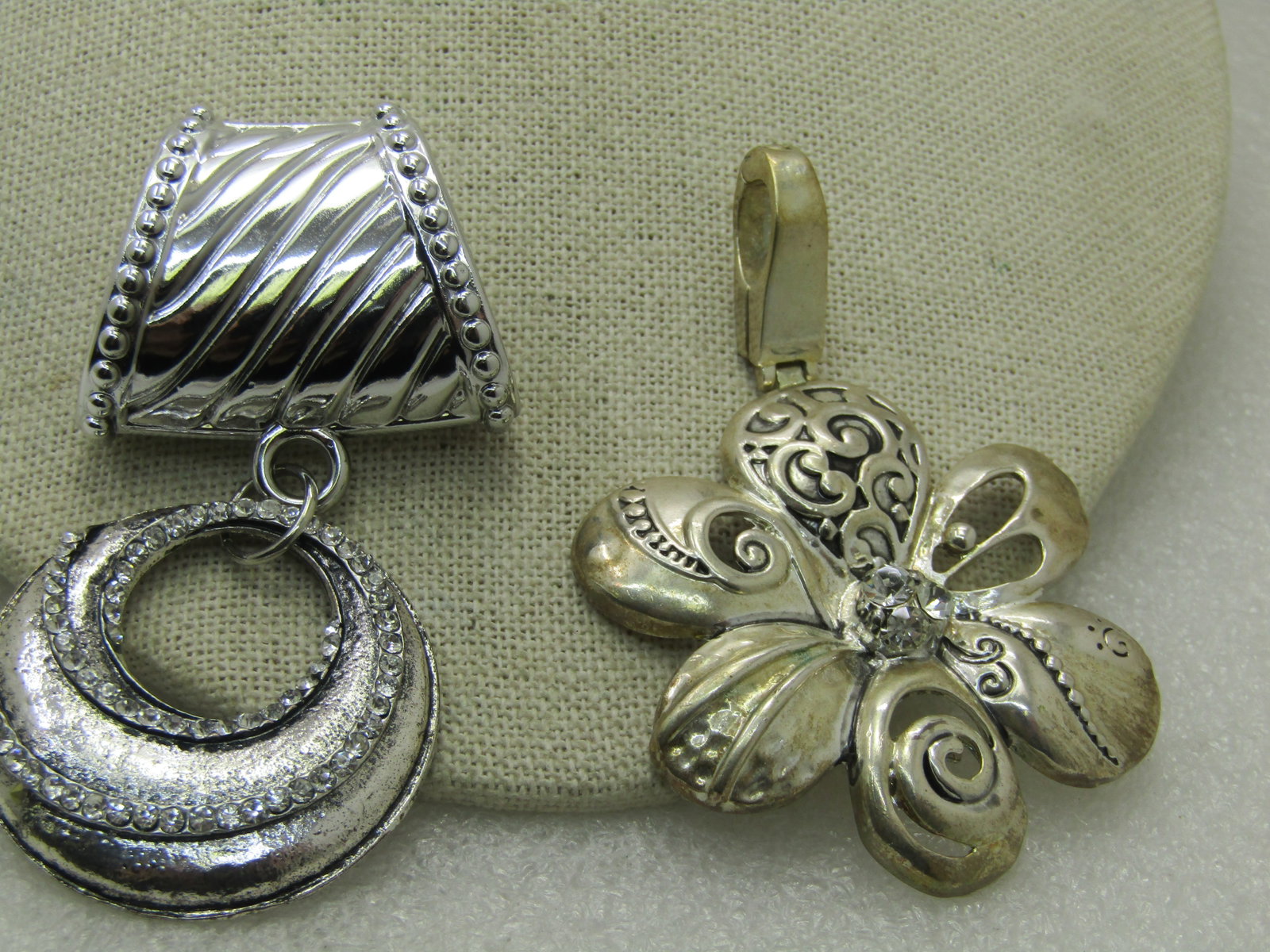 Two Statement Slide Pendants, 1 Floral, 1 Ridged Hoop, Rhinestones - 2