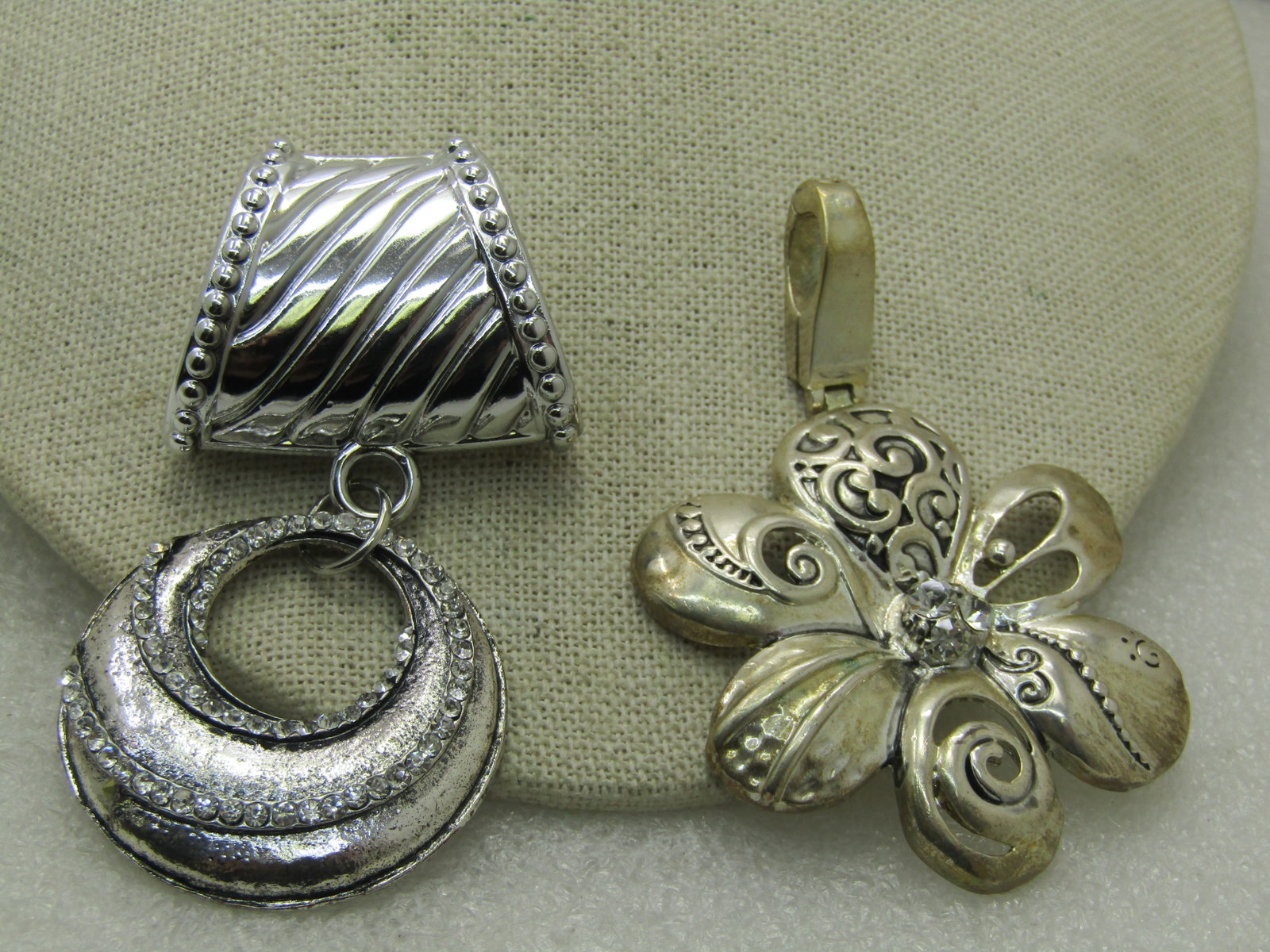 Two Statement Slide Pendants, 1 Floral, 1 Ridged Hoop, Rhinestones - 3