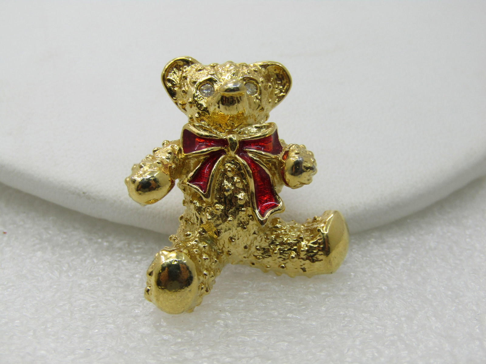 Vintage Teddy Bear Tack Pin, Red Enameled Bow, Rhinestone Eyes, 1.25" - 2