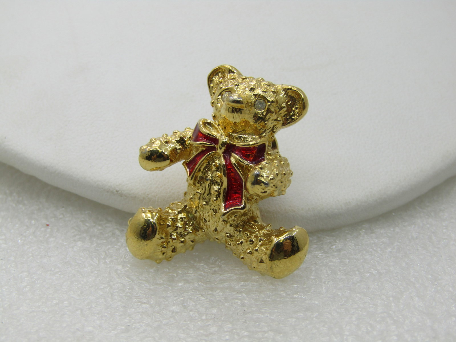 Vintage Teddy Bear Tack Pin, Red Enameled Bow, Rhinestone Eyes, 1.25" - 3