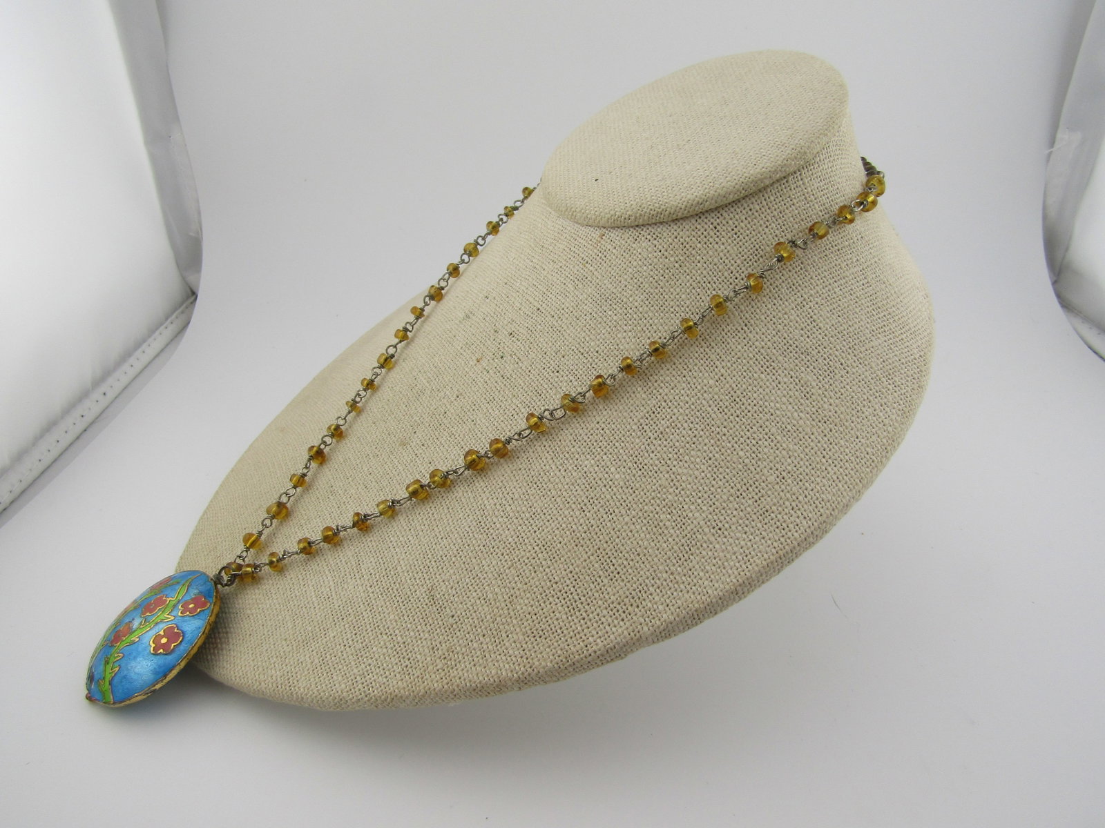 Vintage Blue Champleve Floral Puffy Pendant Necklace, 18", 1970's-1980's - 2