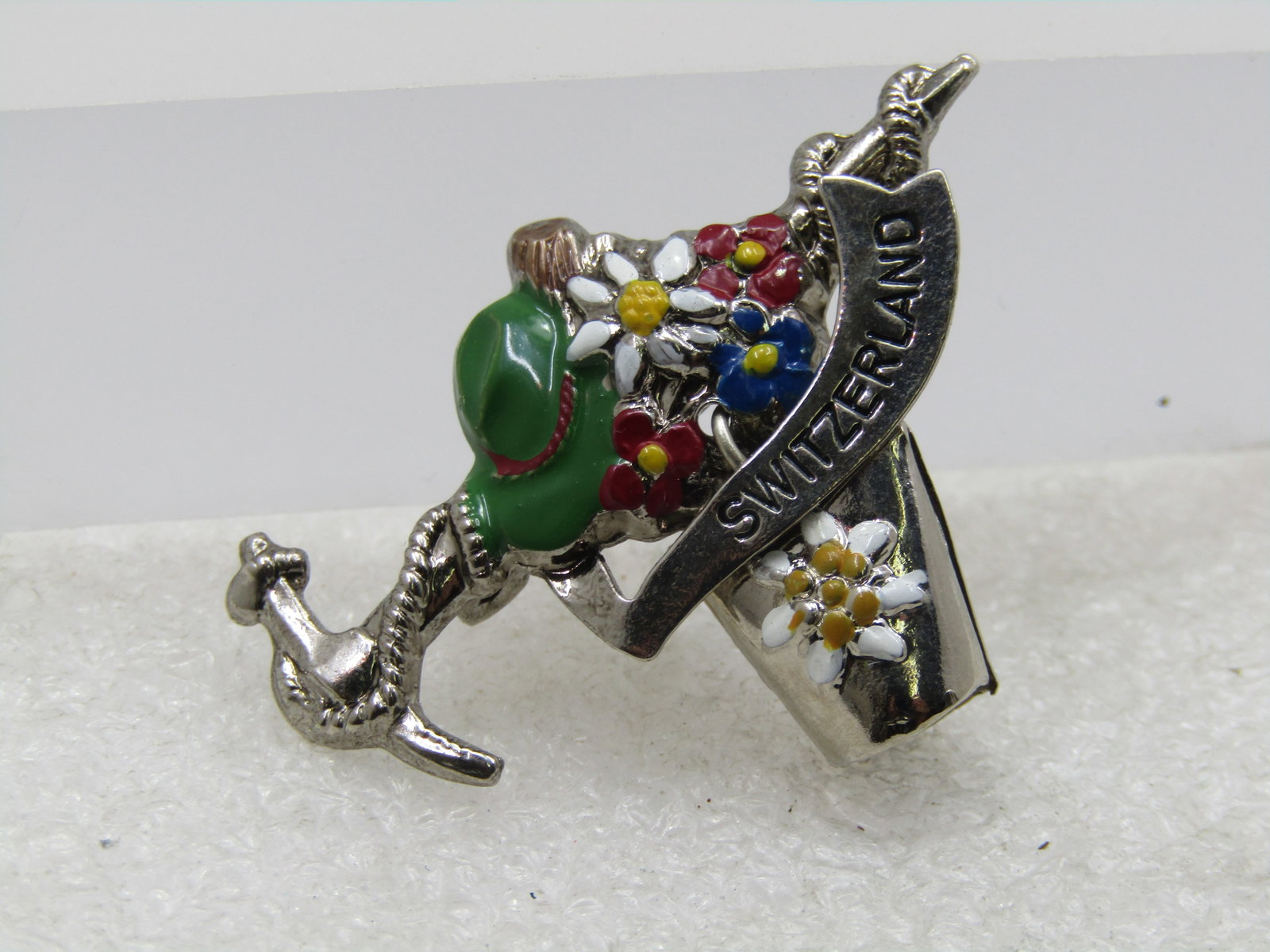 Vintage Enameled Switzerland, Pick, Rope, Bell, Edelweiss Brooch - 2