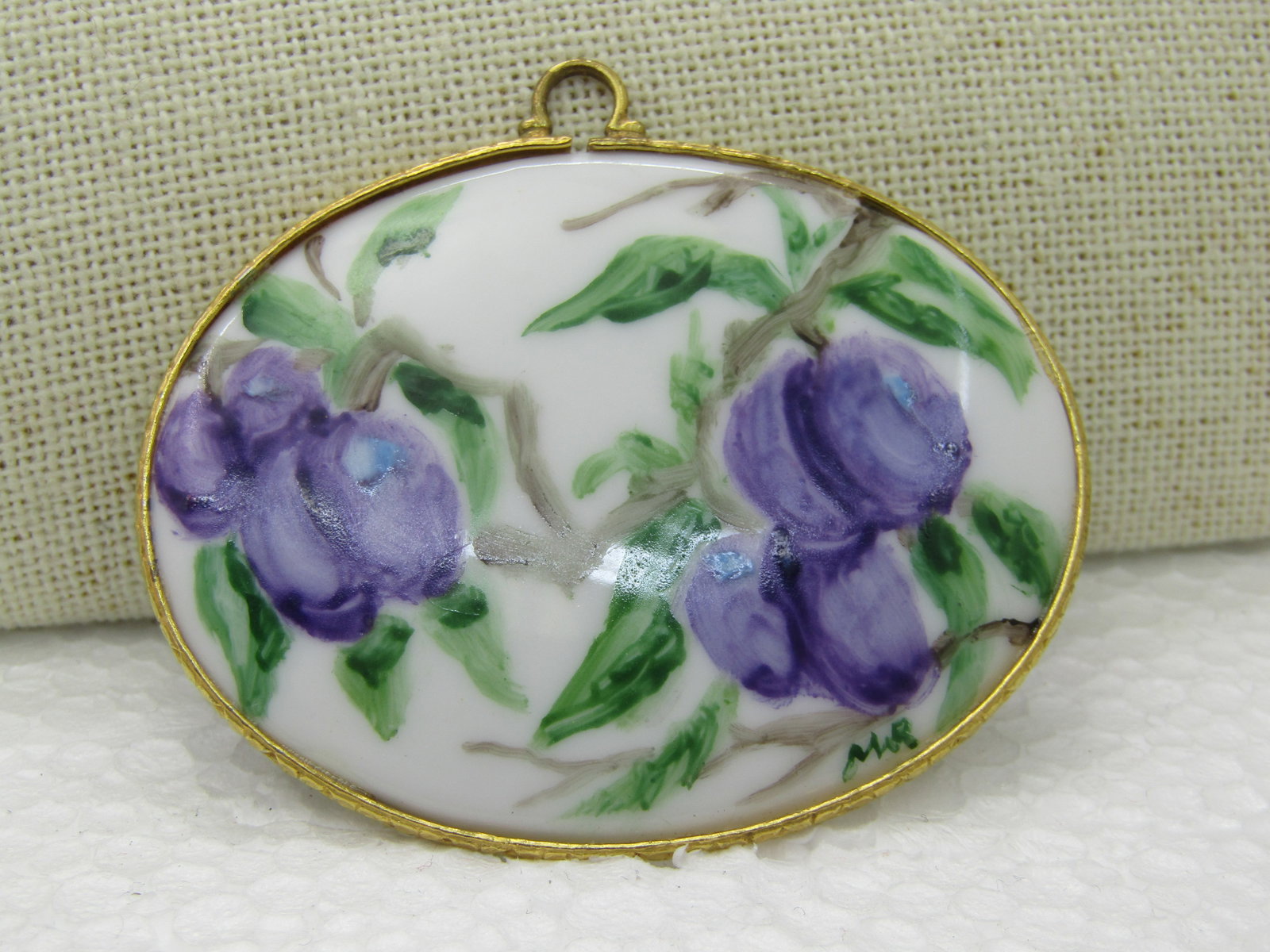 Vintage Fruit or Floral Porcelained Painted Necklace, Signed MR, 24" Herringbone Chain - 2