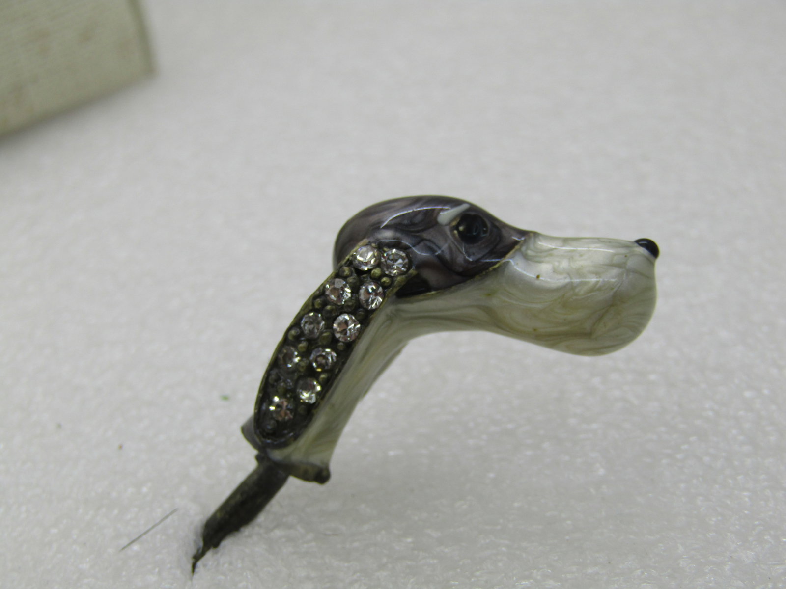 Vintage Enameled Dog Head on Spindle, Rhinestone Ears, Part to Bottle Stopper or something else - 2