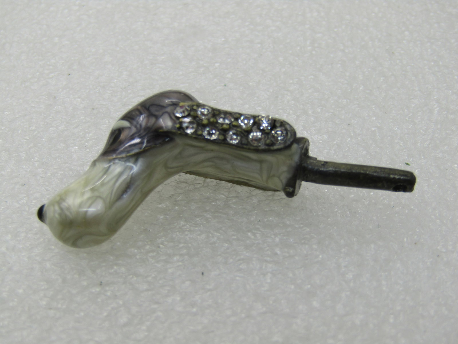Vintage Enameled Dog Head on Spindle, Rhinestone Ears, Part to Bottle Stopper or something else - 7