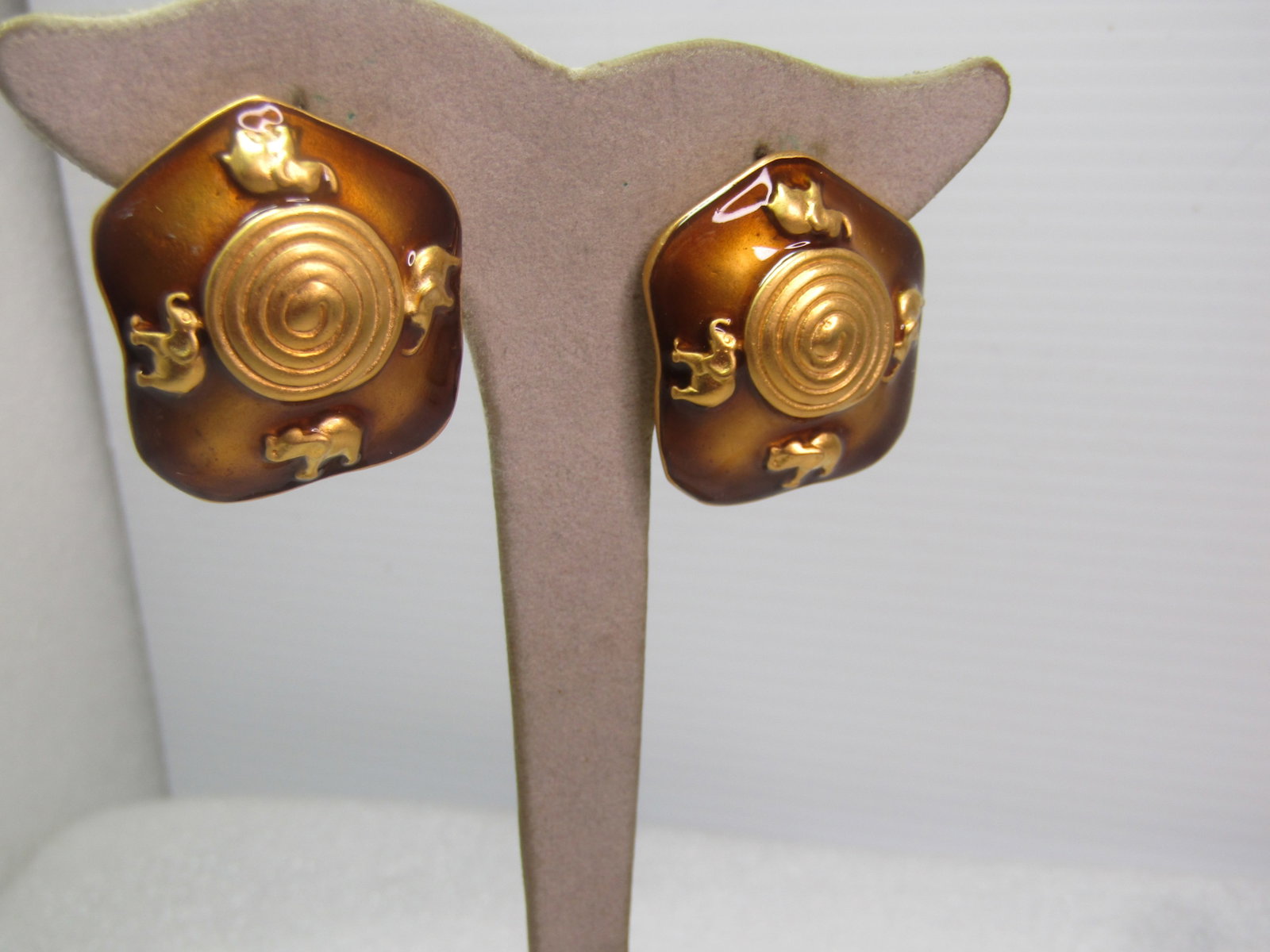 Vintage Enameled Elephant Clip Earrings, Signed DonCaster, 1980's - 2