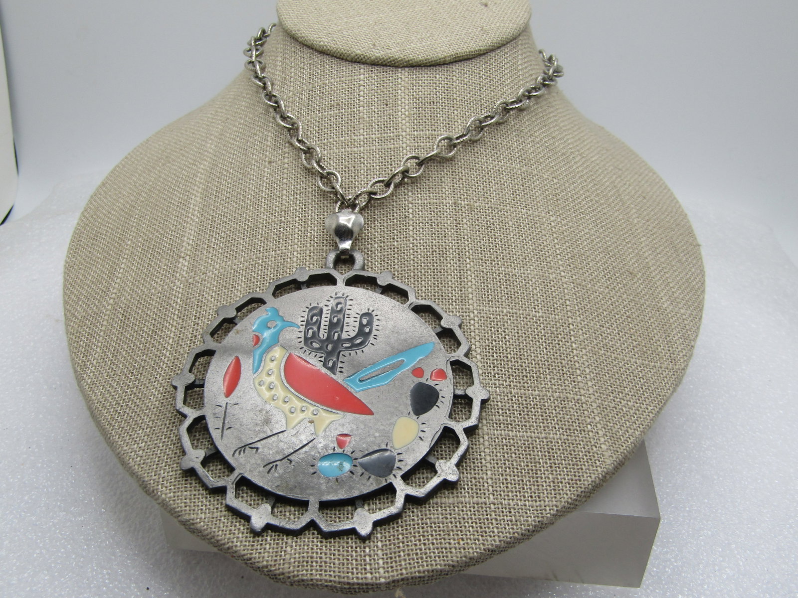 Vintage Enameled Southwstern Medallion Necklace, Gold Crown Signed, 22", 1970's - 2