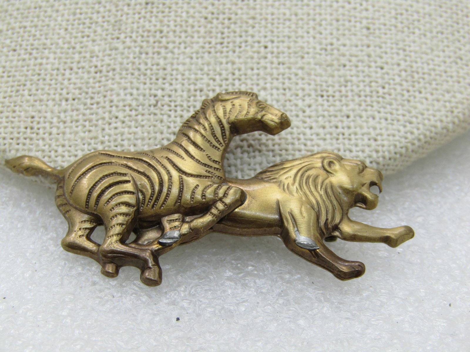 Vintage Zebra & Lion Brooch, Brass Tone, 2.25" - 2