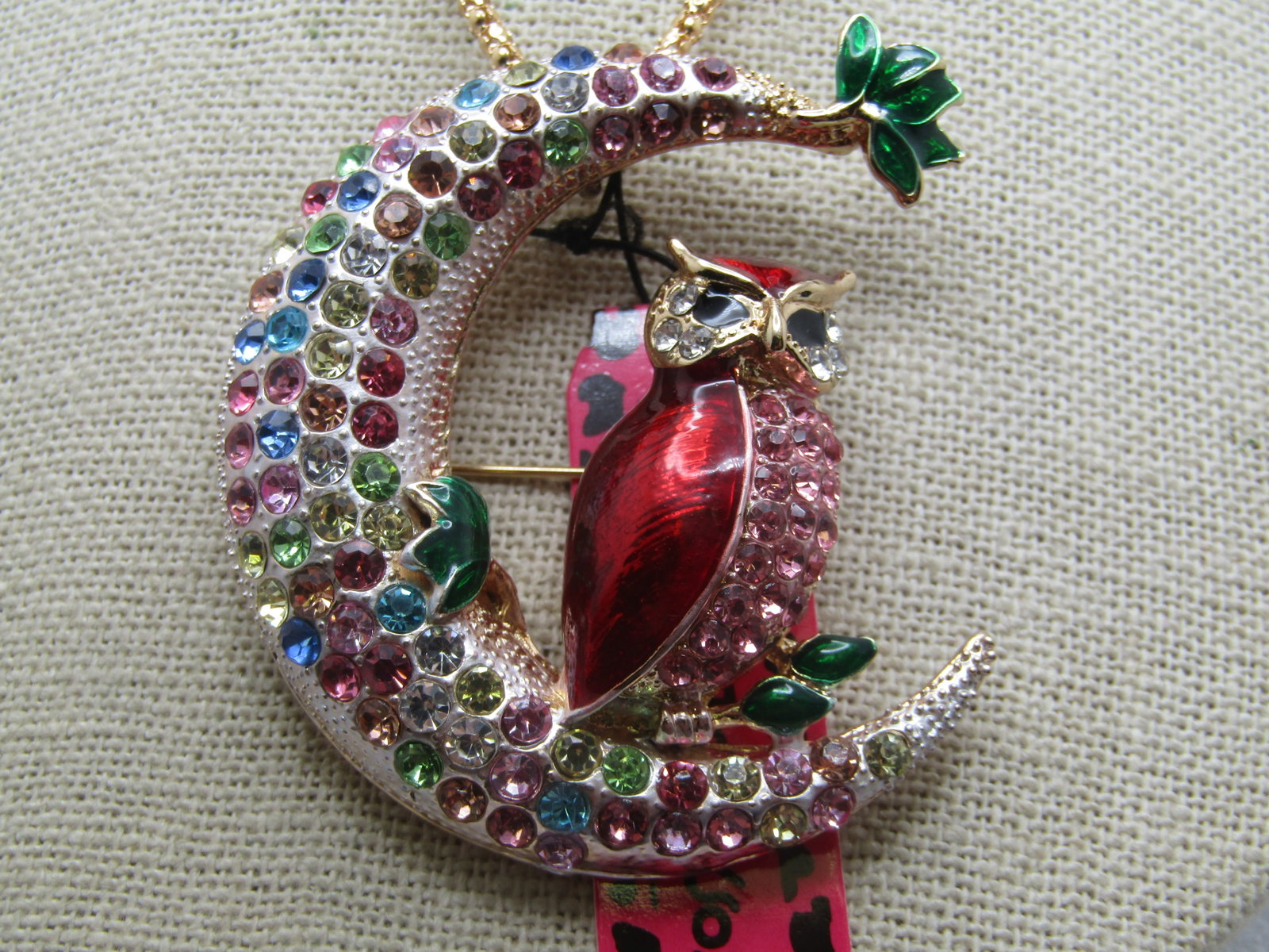 Enameled & Rhinestone Owl, Moon Necklace/Pendant, 22", Betsy Johnson, With Tags, 1990's-2000's - 2