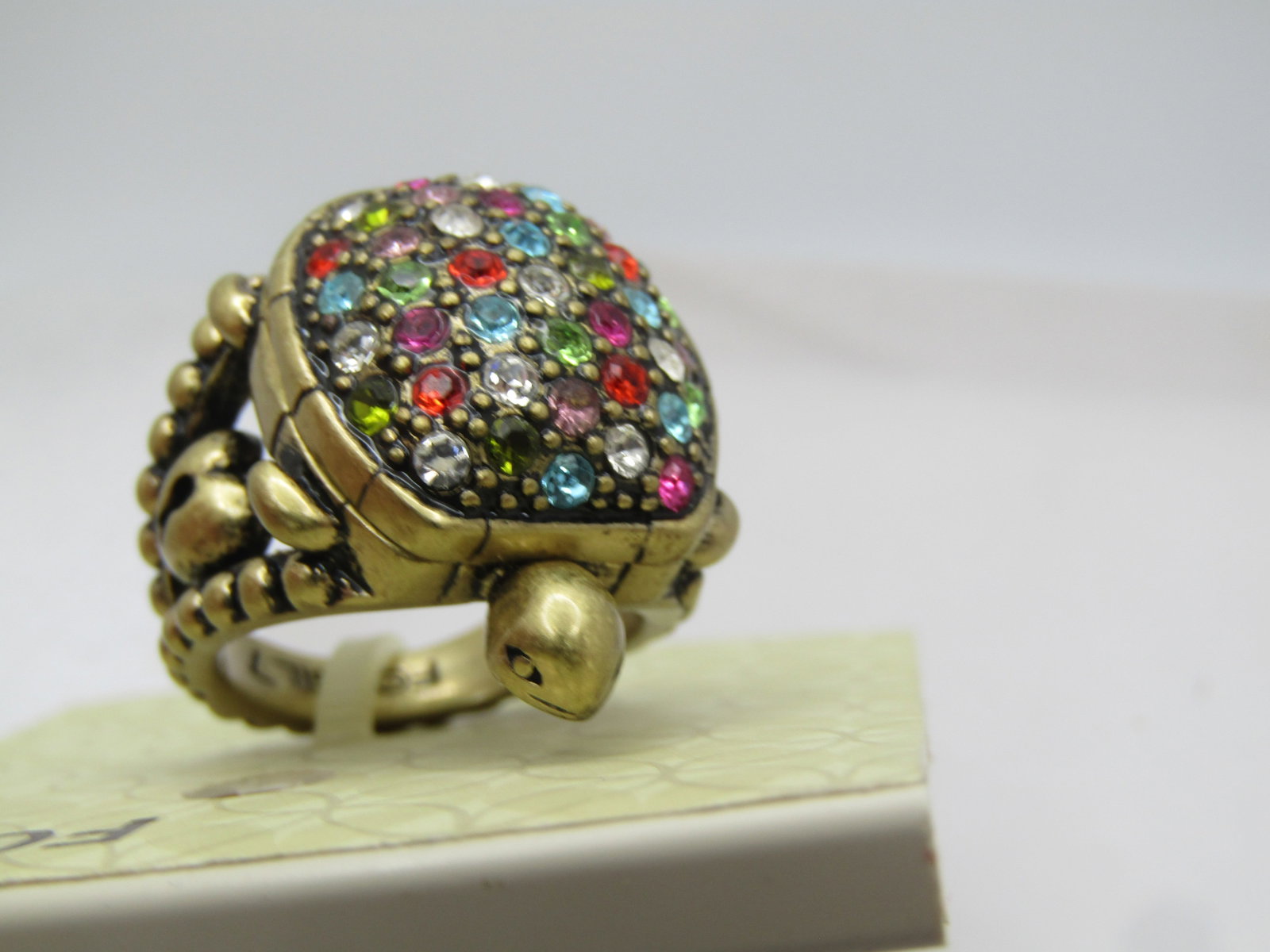 Fossil Rhinestone Turtle Locket Ring , Sz. 7, On Original Card, 1990's - 2