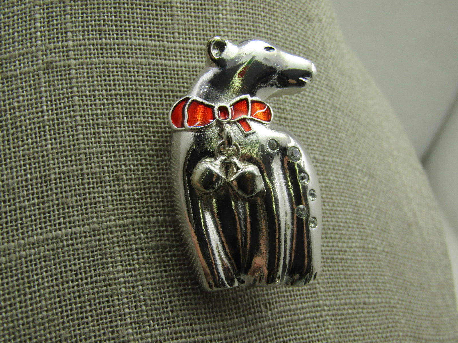 Vintage Christmas Polar Bear, Bell, Red Bow Brooch - 2