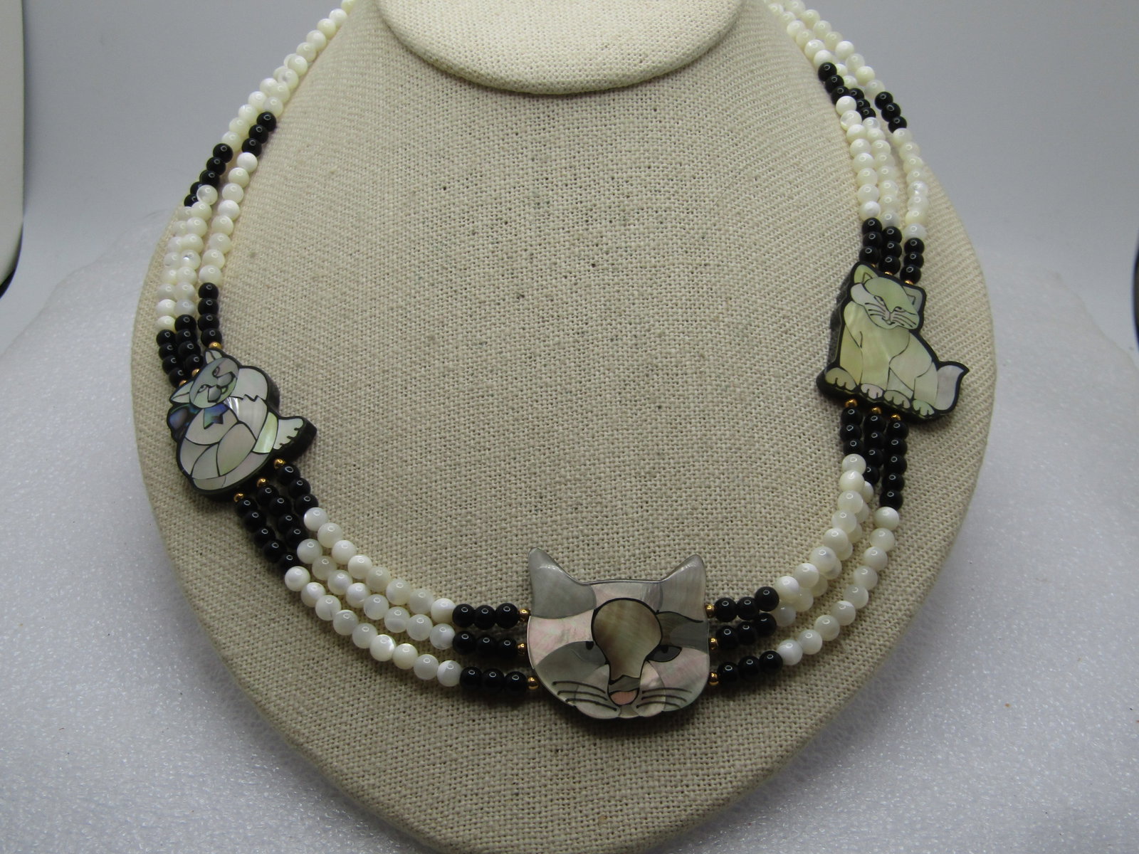 Vintage Inlaid Cat/Kitten Necklace, Triple Strand 19.5", With Box, 1970's-1990's - 2