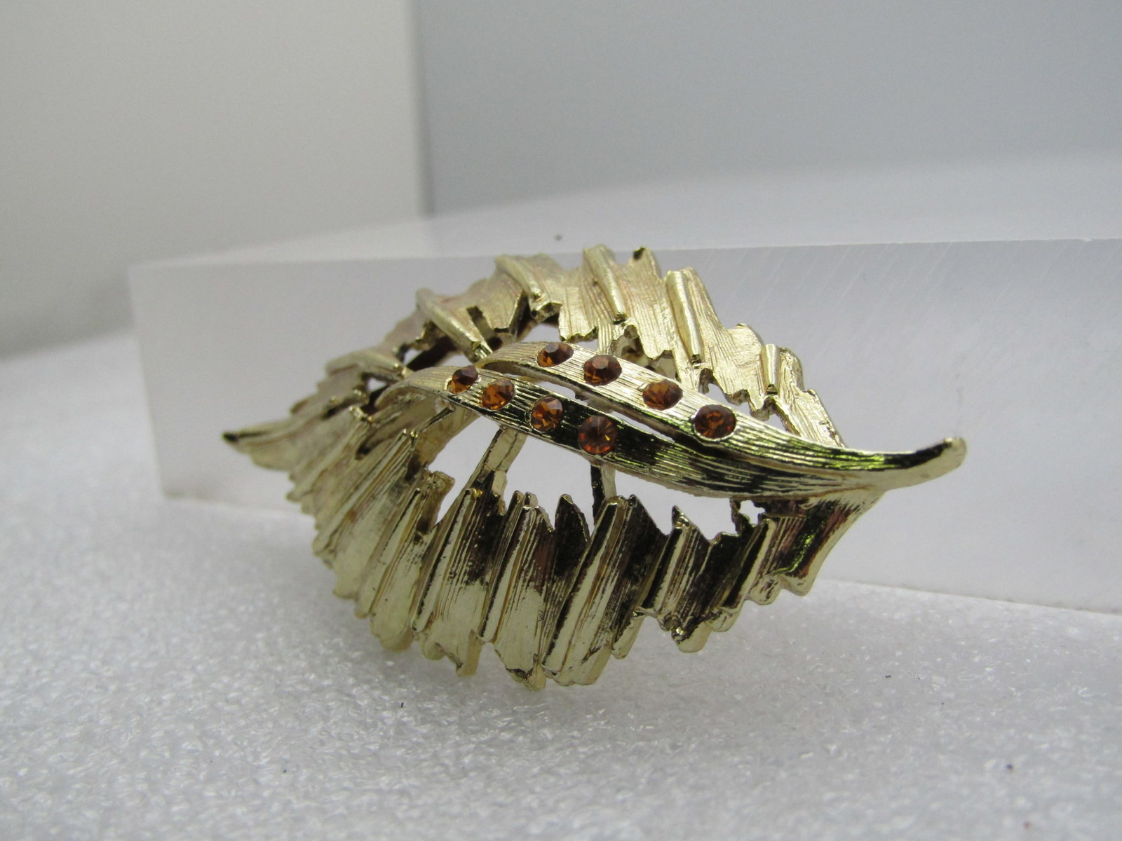 Vintage Textured Leaf & Rhinestone Brooch, 1960's, 2.75" - 2