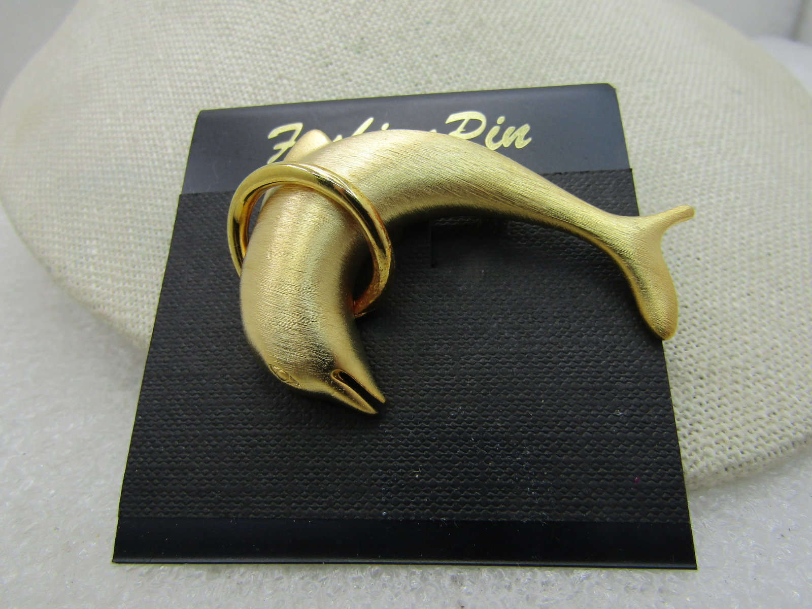 Vintage Dolphin Jumping Through Hoop Brooch, Brushed Gold Tone, 2" - 2