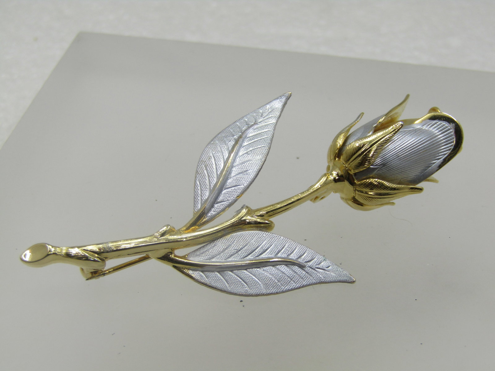 Vintage Long Stem Rose Brooch, Two-Tone, 3" (1 of 5)
