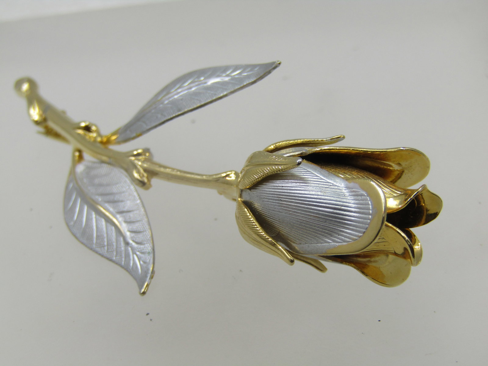 Vintage Long Stem Rose Brooch, Two-Tone, 3" - 2