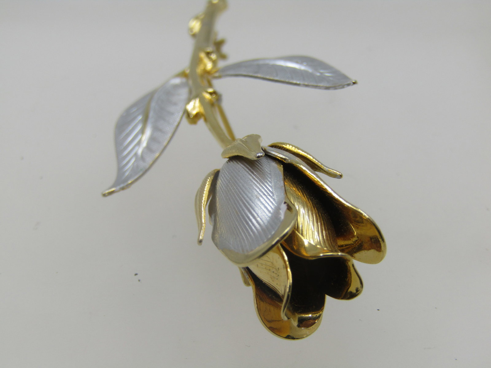 Vintage Long Stem Rose Brooch, Two-Tone, 3" - 3