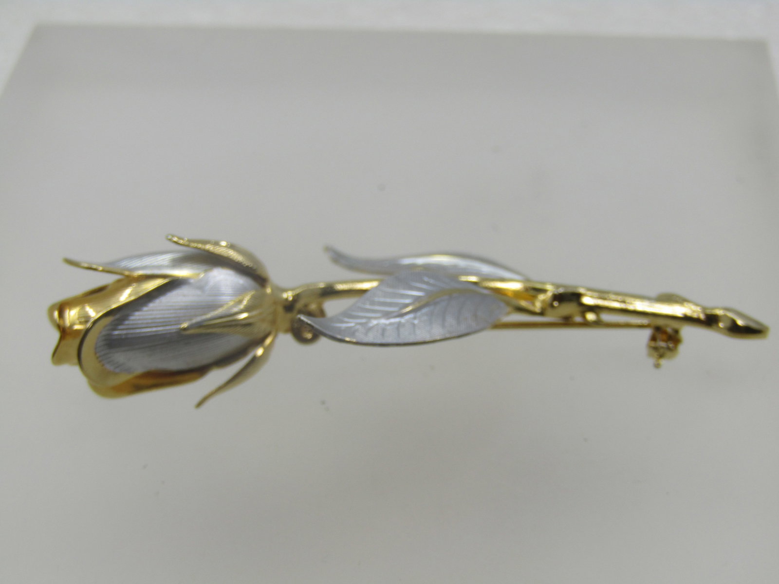 Vintage Long Stem Rose Brooch, Two-Tone, 3" - 4