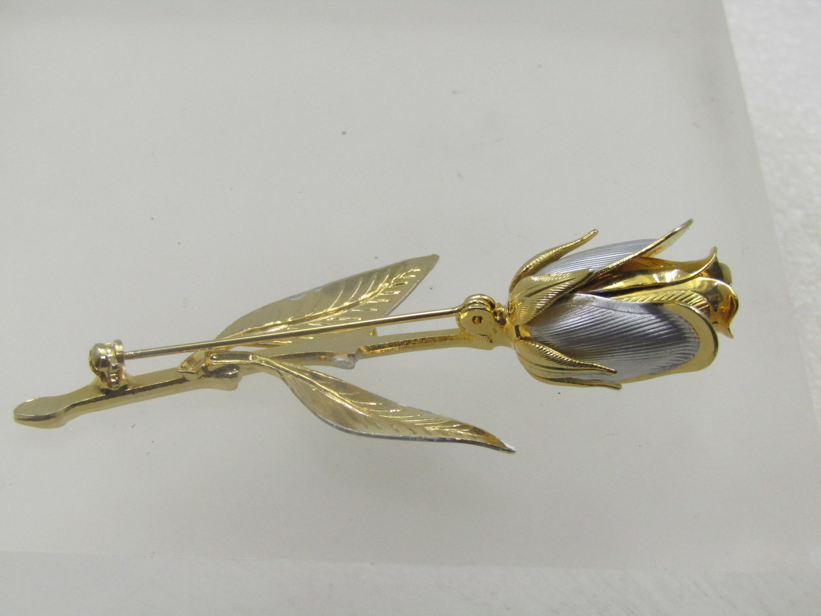 Vintage Long Stem Rose Brooch, Two-Tone, 3" - 5