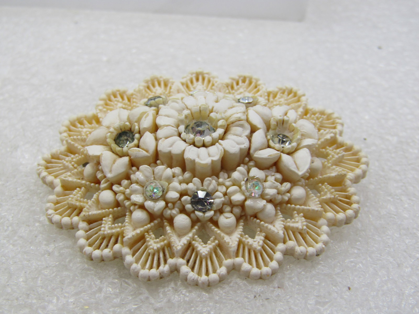 White Celluloid Floral Rhinestone Brooch, 1930's-1940's - 3