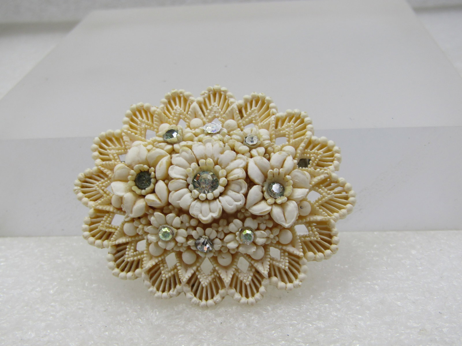 White Celluloid Floral Rhinestone Brooch, 1930's-1940's - 4