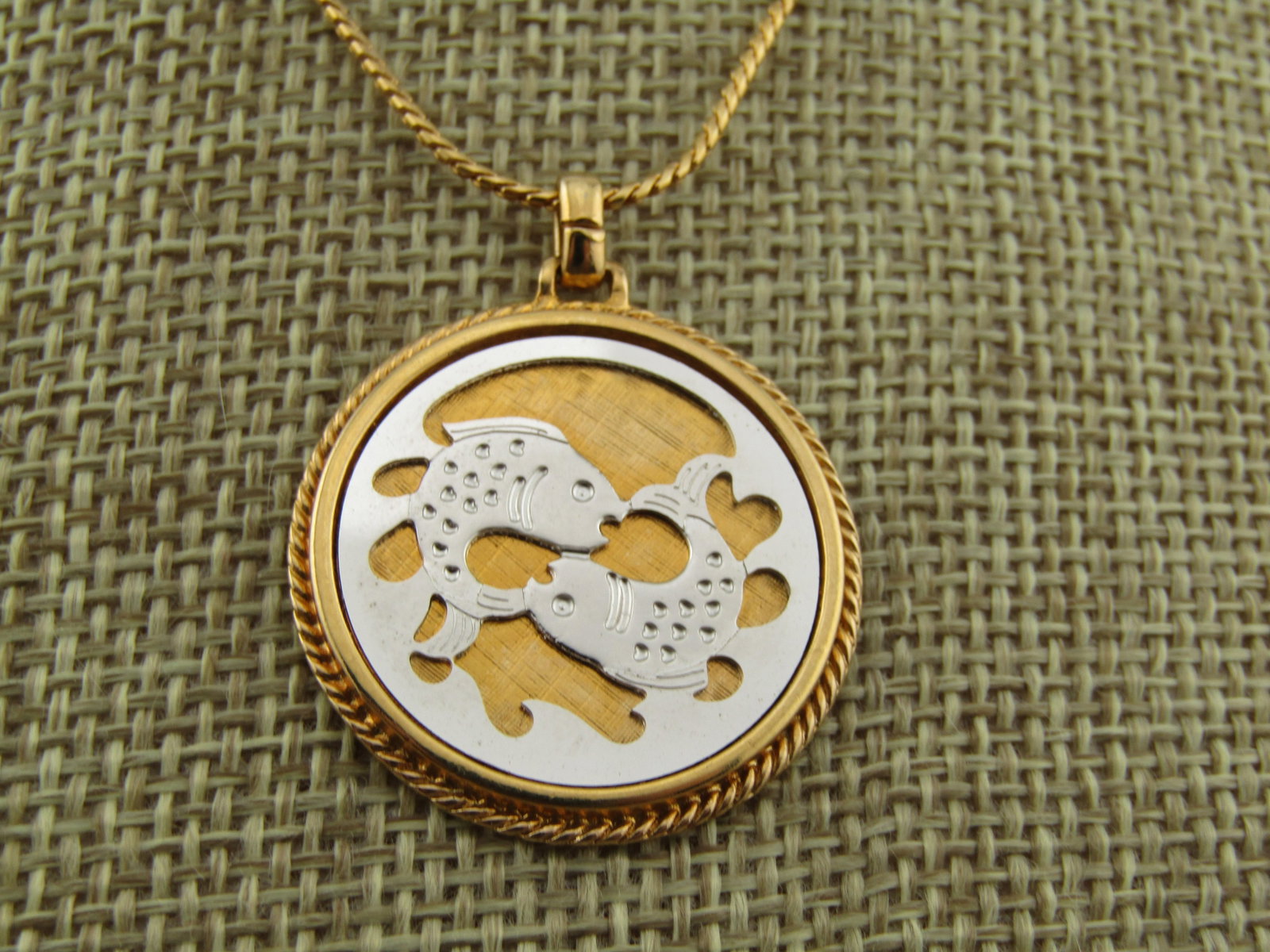 Vintage Fish - Pisces Astrological Two-Tone Necklace, Cut-Out, 18" , 1970's-1980's, Avon - 2