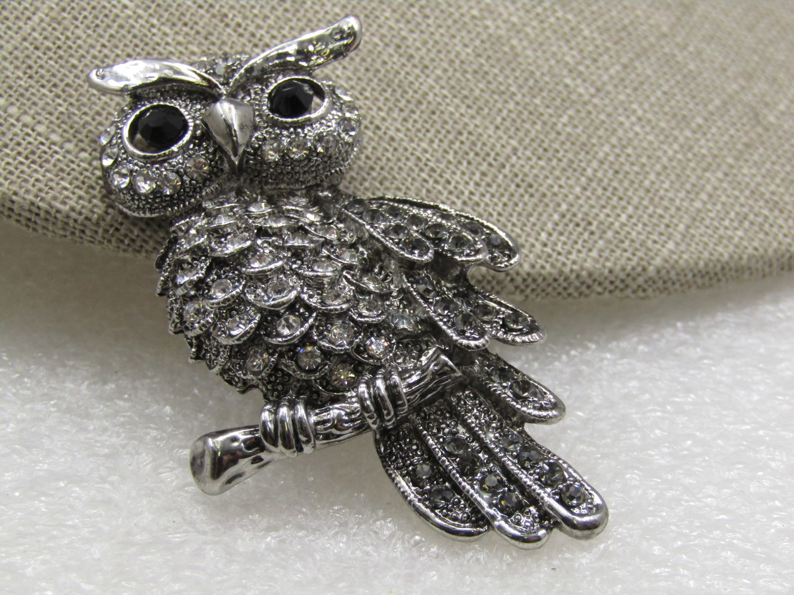 Owl Brooch, Black & Smoky Rhinestone, Silver Tone 2.25" - 2