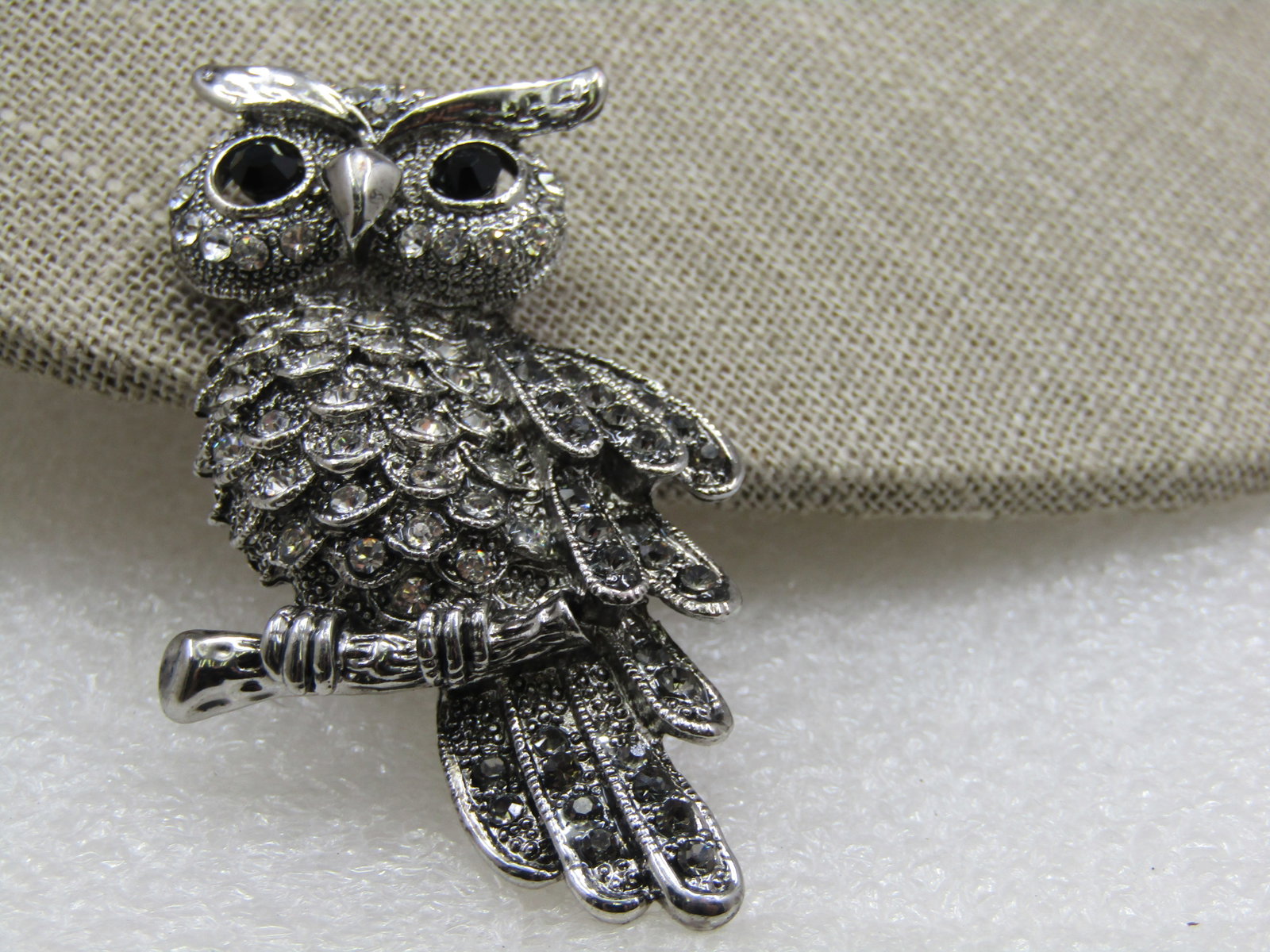 Owl Brooch, Black & Smoky Rhinestone, Silver Tone 2.25" - 3