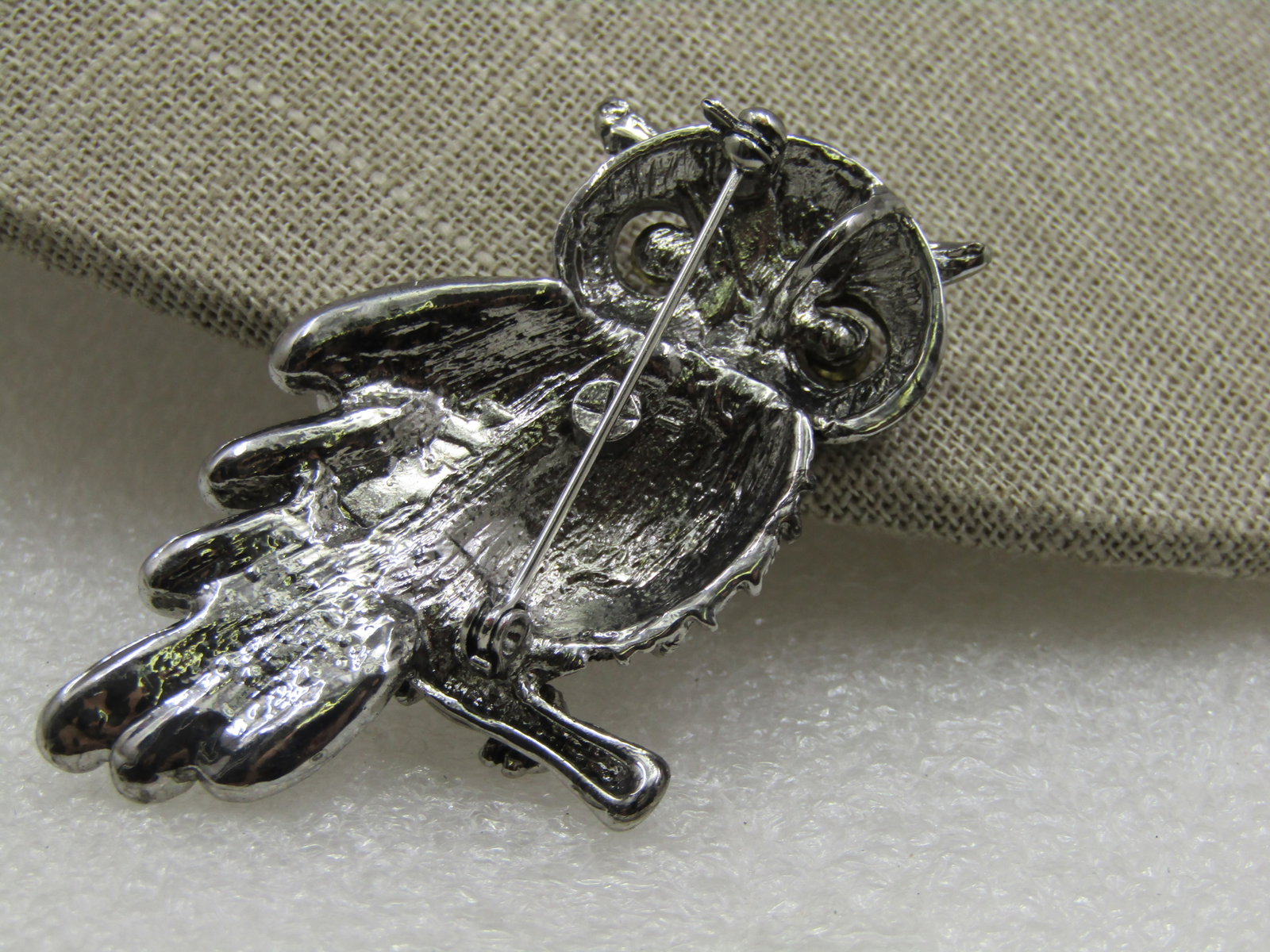 Owl Brooch, Black & Smoky Rhinestone, Silver Tone 2.25" - 4
